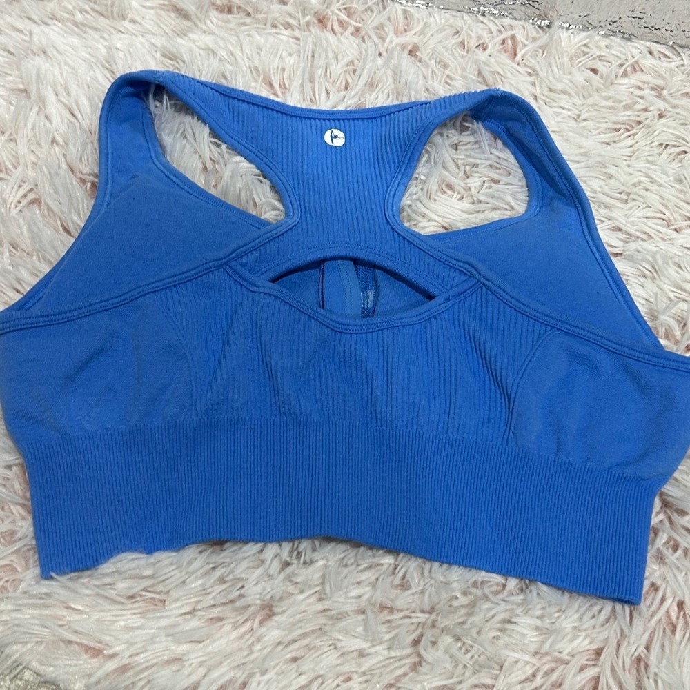 Bundle of 2 Sports Bra Women Large Blue White Zip Front Ribbed Activewear Gym - Picture 4 of 6